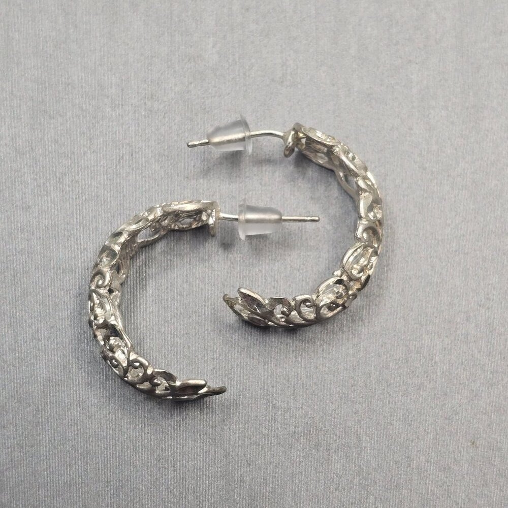 VTG Sterling Silver Diamond Cut Filigree Floral Half Hoop Earrings .75" Signed M - Picture 4 of 10